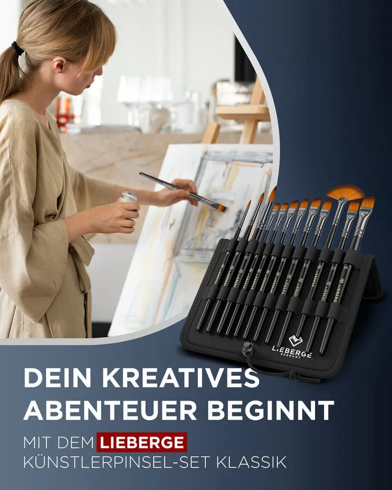 LIEBERGE Malpinsel Premium Set – 12 Pinsel für Acryl, Aquarell, Öl, inkl. Präsenter, (Set, 12 St., Pinselpräsenter, Flachpinsel, Fächerpinsel, Rundpinsel, Schrägpinsel), Synthetikhaar, vegan, langlabig, hohe Farbaufnahme, Anfänger, Profis, Schwarz, – Produktbild 2 von 5
