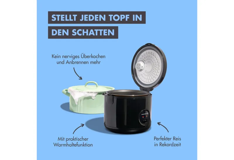 Reishunger Reishunger Reiskocher Basis – 1,2 L – mit Keramikbeschichtung – bis zu 6 Portionen, 500 W, Mit Dampfgarfunktion & Warmhaltefunktion, Schwarz, – Produktbild 5 von 5
