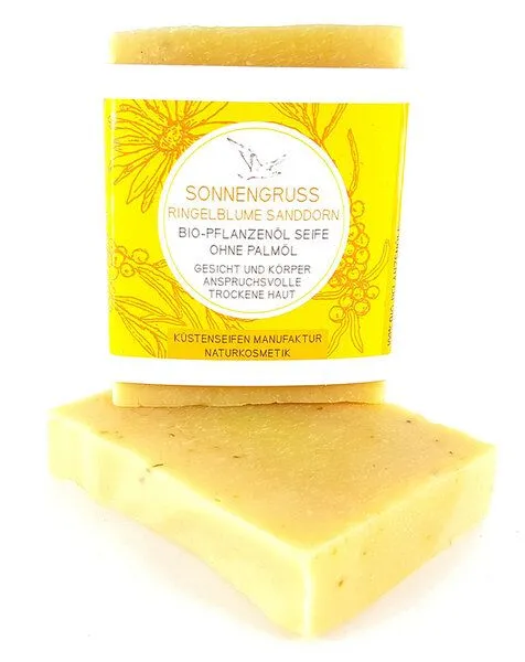 Küstenseifen Manufaktur Küstenseifen Manufaktur Sonnengruß - Bioseife Sandornöl & Ringelblume für trockene Haut - Biokosmetik – Produktbild 3 von 4