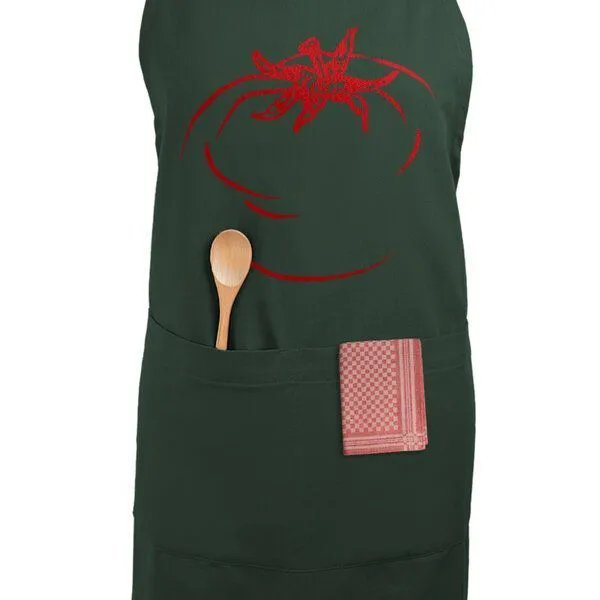 HANDGEDRUCKT HANDGEDRUCKT "Tomate" Schürze lang mit Schlitz aus zertifizierter Bio Baumwolle, Dark green, – Produktbild 2 von 3