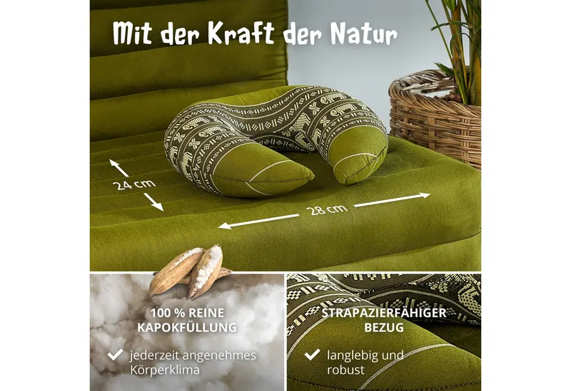 livasia Nackenhörnchen Reisekissen - 24x28x7cm, Kapok, vegan, handgefertigt, Grün, – Produktbild 4 von 5