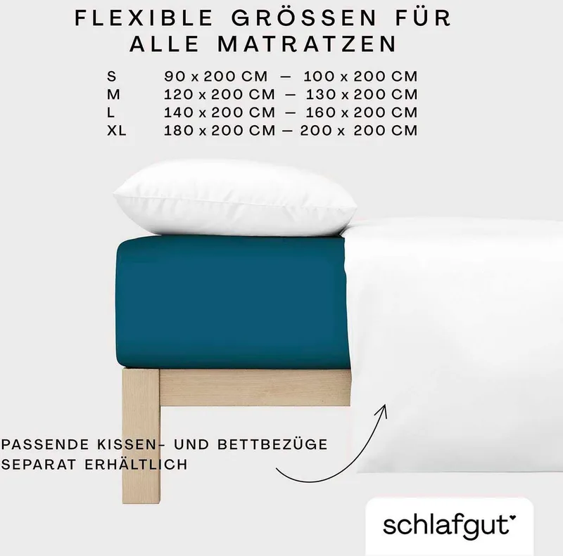 Schlafgut Schlafgut Spannbettlaken CASUAL Bettlaken 100% gekämmte Bio-Baumwolle, 150 g/m², Spannbetttuch, Jersey, Gummizug: rundum, (1 Stück), Bettlaken bis 25 cm Höhe, langlebig, weich, Antipilling-Ausrüstung, Blau, – Produktbild 1 von 5