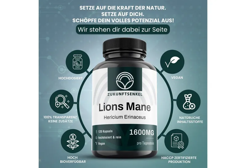 ZUKUNFTSENKEL Lions Mane (Hericium Erinaceus) Kapseln 1600mg pro Tagesdosis Kapseln, 120 er 120,00 St., 96 g, 120 Kapseln hochdosiert und vegan – Produktbild 3 von 3