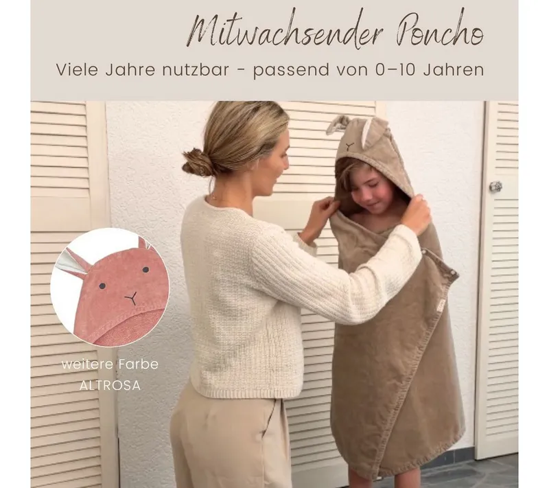 DIKOS Kapuzenhandtuch Badeponcho Baby Kinder Taupe/Altrosa, 70x140cm, 100% Bio-Baumwolle, 2-in-1 ab Geburt Handtuch mitwachsendes Badetuch/Poncho mit Knöpfen, Taupe, – Produktbild 2 von 5