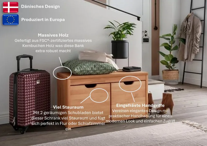 Home affaire Schuhbank Dura Schuhbank incl. Schubladen funktionell und stabil, Massivholz, Skandinavisches Design, Robust, stabil, FSC zertifiziert, Beige, – Produktbild 6 von 8