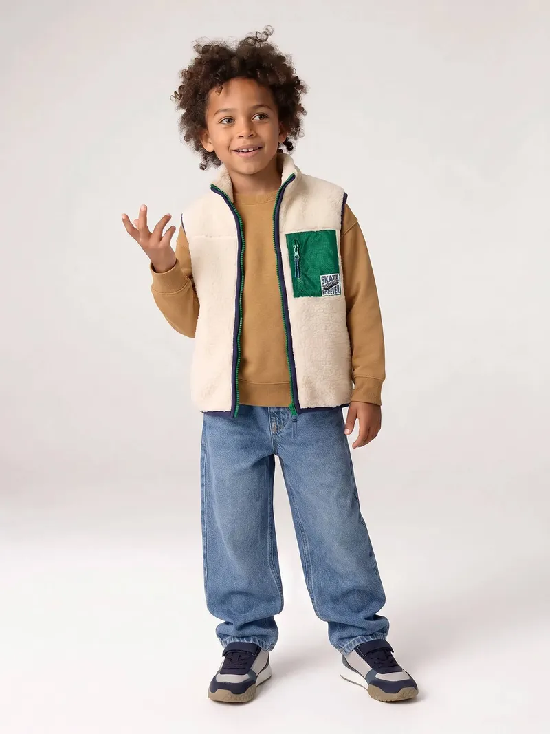 Vertbaudet Vertbaudet Jungen Teddyfleece-Weste mit Brusttasche, Wollweiß, – Produktbild 3 von 4