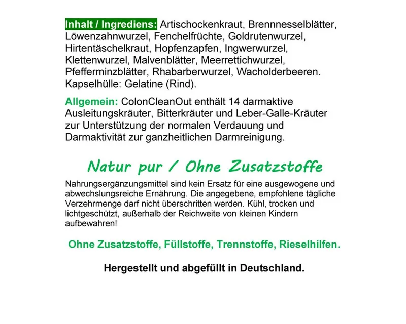 VitalLife Colon CleanOut 14 Kräuter + Bitterstoffe Komplex - Ohne Zusatzstoffe - Kapseln, 1 er Dose à 120 St., 49,8 g, Art. 26540-120 – Produktbild 4 von 5