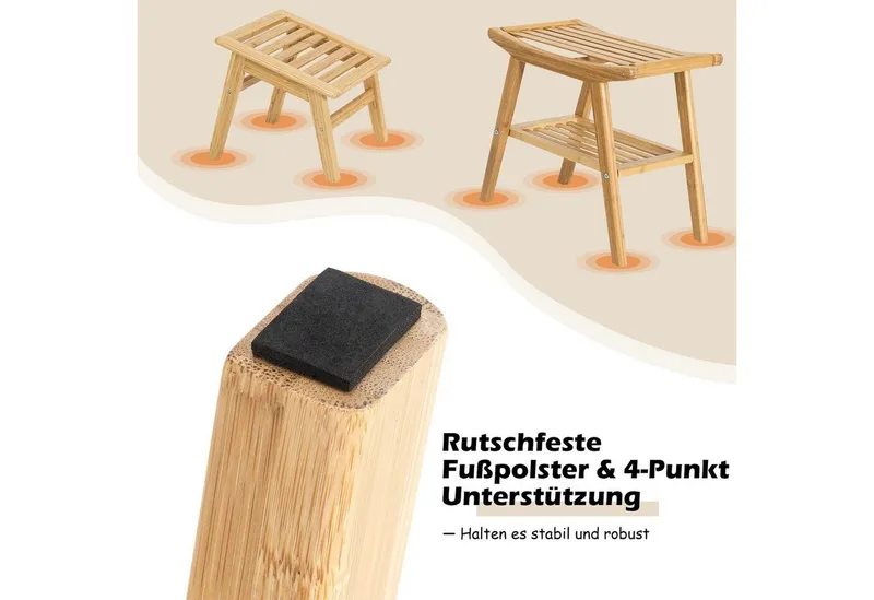 COSTWAY COSTWAY Duschhocker, belastbar bis 150 kg, mit Fußhocker, Fach, Bambus, Beige, – Produktbild 5 von 5