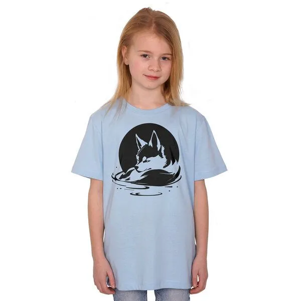 HANDGEDRUCKT HANDGEDRUCKT "Wolf" Kinder T-Shirt aus Biobaumwolle (kbA), Lightblue, – Produktbild 1 von 3
