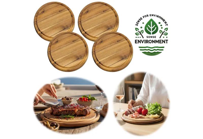 LS-LebenStil Servierbrett 4x Holz Fleischteller Servierteller 25cm Akazie Rund Schneidebrett, Holz, (Set - 4 Stück - Schneidebrett mit Saftrille Vesperbrett Brotzeitbrett, 4-St., Vesperbrett Servierteller Pizzateller Käsebrett Holzbrett), Braun, – Produktbild 1 von 5