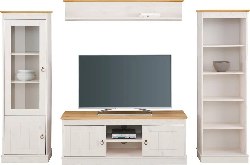 OTTO home Wohnwand Indra Vitrine, TV-Board, Regal, Wandregal mit dekorativer Fräsung, (Set, 4-St), 4-teiliges Set, aus massiver Kiefer, dekorative Fräsung, Metallgriffe, Weiß, – Produktbild 2 von 5