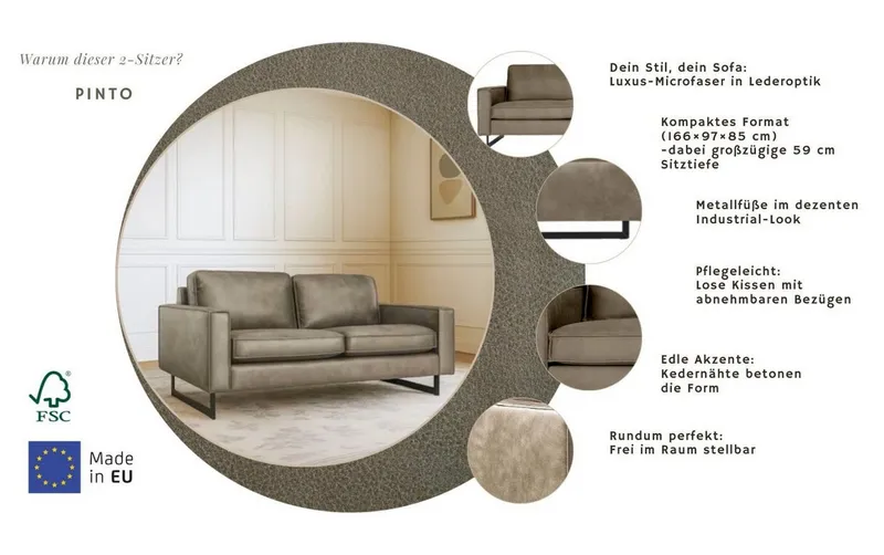 OTTO home 2-Sitzer Pinto, 166 cm, Cord, Chenille, Lederoptik, mit Keder, schwarze Metallfüße, Wellenunterfederung, Grau, – Produktbild 3 von 5