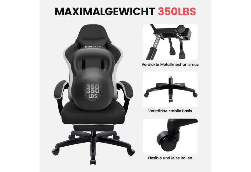 GTPLAYER Gaming-Stuhl Gaming Stuhl Stoff, Gaming Sessel mit Taschenfederkissen, Drehstuhl, Gamer Stuhl mit Fußstütze150 kg, Schwarz, – Produktbild 3 von 5