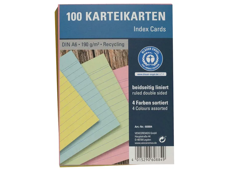 100 Karteikarten aus Recyclingkarton 190 g/m² DIN A6, farbig sortiert – Produktbild 1 von 1