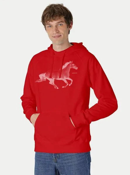 Peaces.bio - handbedruckte Biomode Peaces.bio - handbedruckte Biomode Bio-Herren-Kapuzensweater Horsepower, Rot, – Produktbild 1 von 2