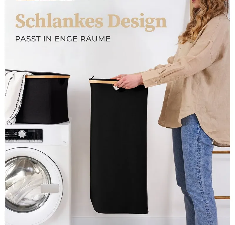 HENNEZ Wäschekorb mit Griff aus Bambus, 100 l – Wäschekorb mit Deckel, Schwarz, – Produktbild 5 von 5