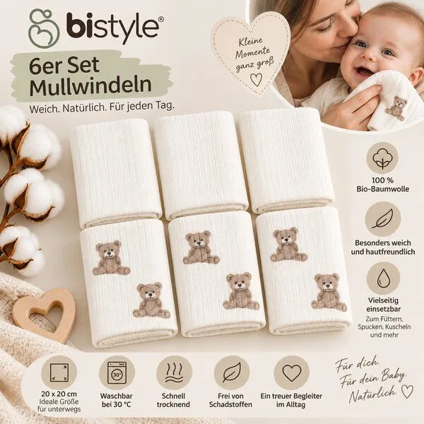 bistyle bistyle Baby Spucktücher 6er Set | 20 x 20 cm | 100 % Bio-Baumwolle | mit kleinen Motiven, Ecru, – Produktbild 3 von 4