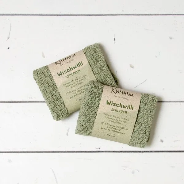 Kumanu - von Natur aus gut Kumanu - von Natur aus gut 2er Set, gestricktes Spültuch "Wischwilli" | 23x23cm | aus Bio-Baumwolle, Graugrün, – Produktbild 1 von 3