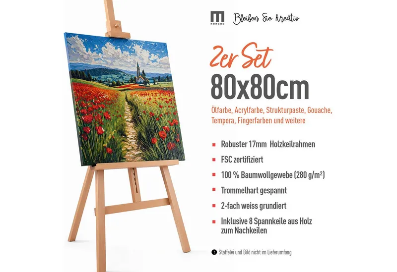 M MERCEO Leinwand Künstlerleinwand 80x80cm 2er Set - Weiße Leinwand zum Bemalen, 2er-Set Leinwand 80x80cm (zum Bemalen, Baumwolle, Keilrahmen, Weiß, – Produktbild 2 von 5