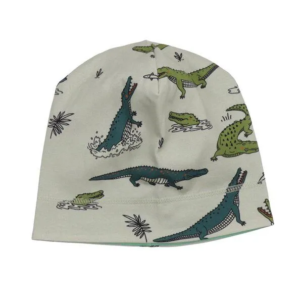 Walkiddy Kleinkinder Beanie GOTS zertifiziert, Bio-Baumwolle, grau, Krokodil-Print, weich & elastisch – Walkiddy, Blau, – Produktbild 1 von 3