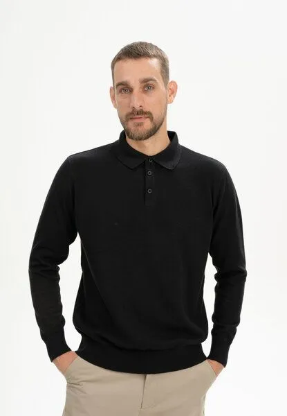 MELA Langarm Strick Poloshirt HARISH | von MELA | Fairtrade & GOTS zertifiziert, Schwarz, – Produktbild 1 von 4