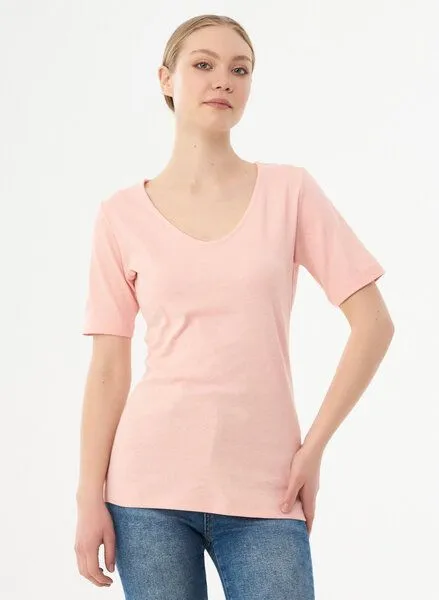 ORGANICATION ORGANICATION Geripptes T-Shirt aus Bio-Baumwolle mit V-Ausschnitt, Powder pink, – Produktbild 1 von 4