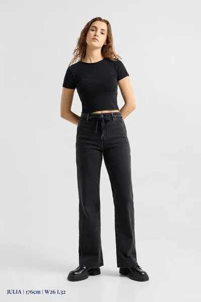 DAWN Damen Jeans DEW Flared High Waist French Pocket DAWN Bio-Baumwolle, Black denim, – Produktbild 3 von 6