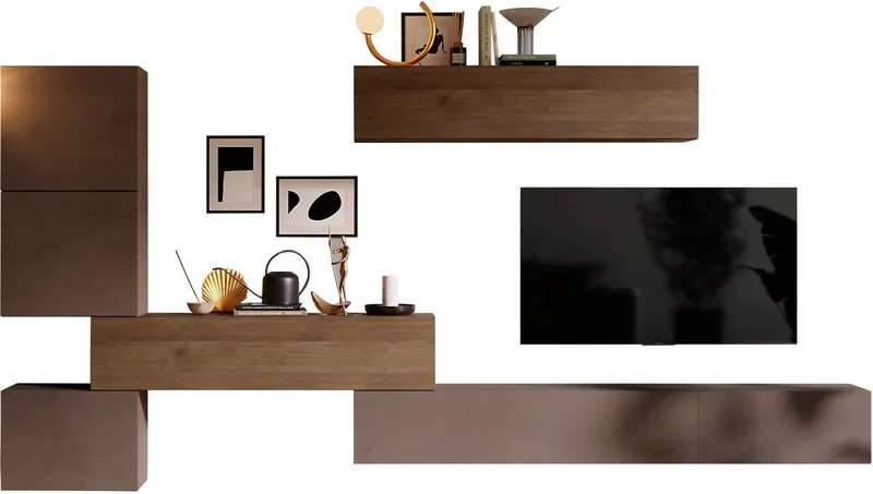 Home affaire Wohnwand Infinity, 7tlg. Breite 340 cm, Höhe variabel, Schrankwand, Anbauwand, (7-St), (Lowboard hängend 2tlg., 2x Hängeschr., 2x Hängewürfel, Würfel-Elem), Braun, – Produktbild 2 von 4