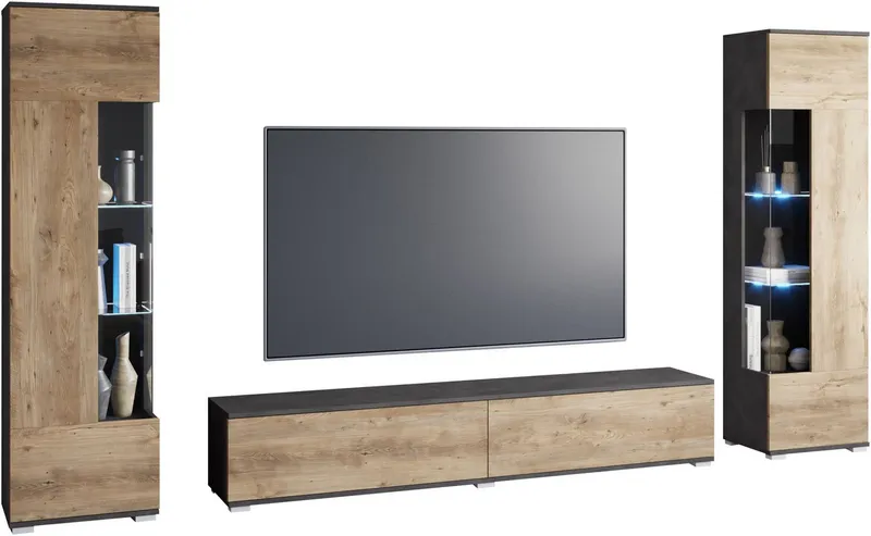 OTTO home Wohnwand Kenia, Vitrine Türanschlag links/rechts wechselbar, (3-St), Vitrinen mit Eckverglasung, hängend und stehend montierbar, Schwarz, – Produktbild 3 von 7