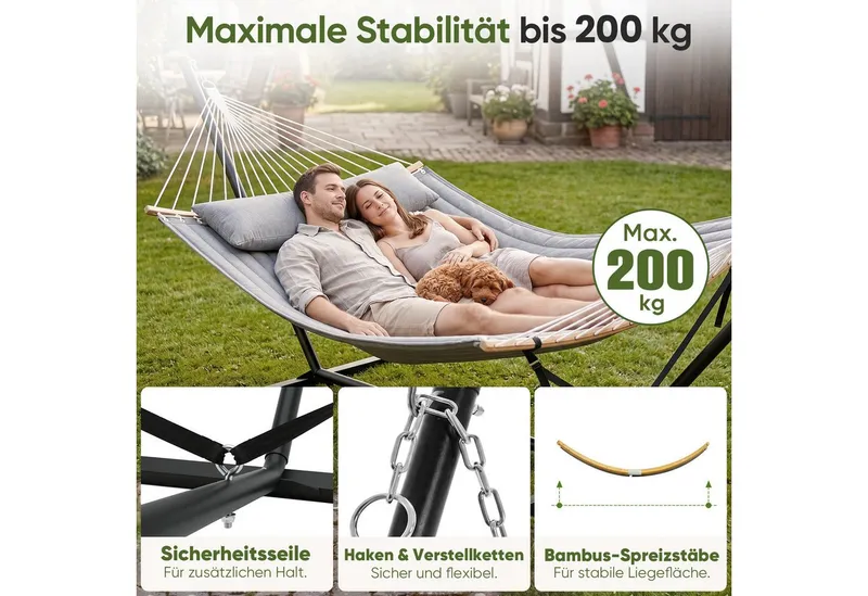 Sekey Hängemattengestell Hängematte mit Gestell, Doppelhängematte für 2 Personen mit Kissen, bis 200 kg belastbar Hängemattengestell mit Ständer für Garten Outdoor, Grau, – Produktbild 5 von 5
