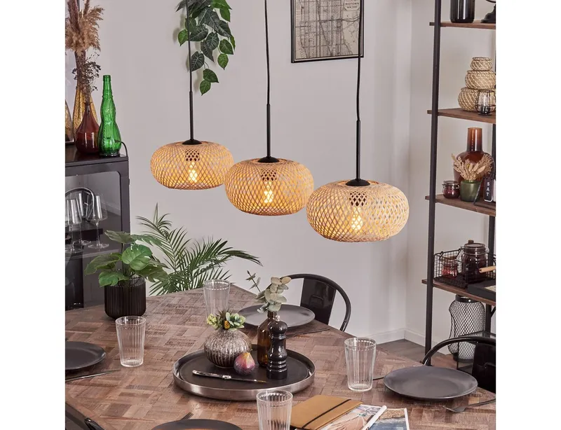 hofstein Hängeleuchte moderne Pendellampe aus Metall/Bambus in Schwarz/Natur, ohne Leuchtmittel, Gitterschirm Leuchte (25cm), Lichteffekt, 3 x E27, ohne Leuchtmittel, Beige|schwarz, – Produktbild 1 von 5