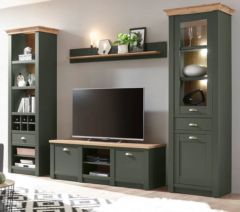 Furn.Design Wohnwand Norwich, (Wohnkombination 4-teilig, dunkelgrün mit Wotan Eiche, 308 x 207 cm), Landhausstil – Produktbild 1 von 5