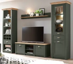 Furn.Design Wohnwand Norwich, (Wohnkombination 4-teilig, dunkelgrün mit Wotan Eiche, 308 x 207 cm), Landhausstil – Produktbild 1 von 1
