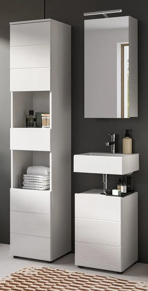 Inn.Furn Hochschrank Larik (Badschrank in weiß Hochglanz, 2-türig, 38 x 190 cm) mit 6 Fächern und Schubkasten, Weiß, – Produktbild 5 von 5