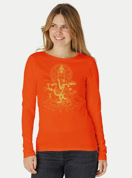 Peaces.bio - handbedruckte Biomode Peaces.bio - handbedruckte Biomode Bio-Damen-Langarmshirt Ganesha, Orange, – Produktbild 1 von 2