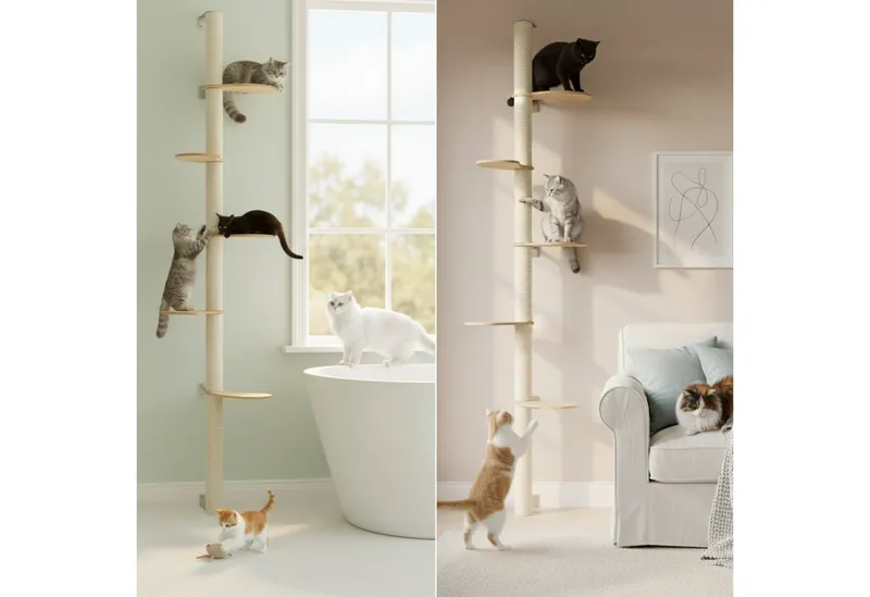 eyepower Kratzbaum zur Wandmontage 240 cm Wandkratzbaum für Katzen mit 5 Bambus Plateaus, Sistammstamm Wand - Katzenkratzbaum platzsparend - Kletterwand Katze, Beige, – Produktbild 5 von 5