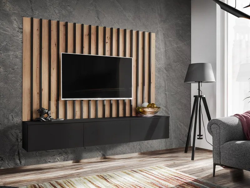 Furn.Design Lowboard Pearl (TV Mediawand in schwarz mit Eiche, Set inkl. Wandpaneel), Push-To-Open-Funktion, Schwarz, – Produktbild 1 von 5