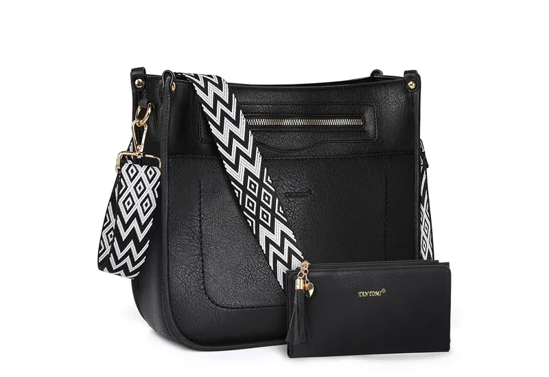 TANTOMI Umhängetasche Damen Handtasche mittelgroß Crossbody Bag Mit Geldbörse, Damen Tasche mit Verstellbar Breitem Schultergurt, Schwarz, – Produktbild 1 von 5