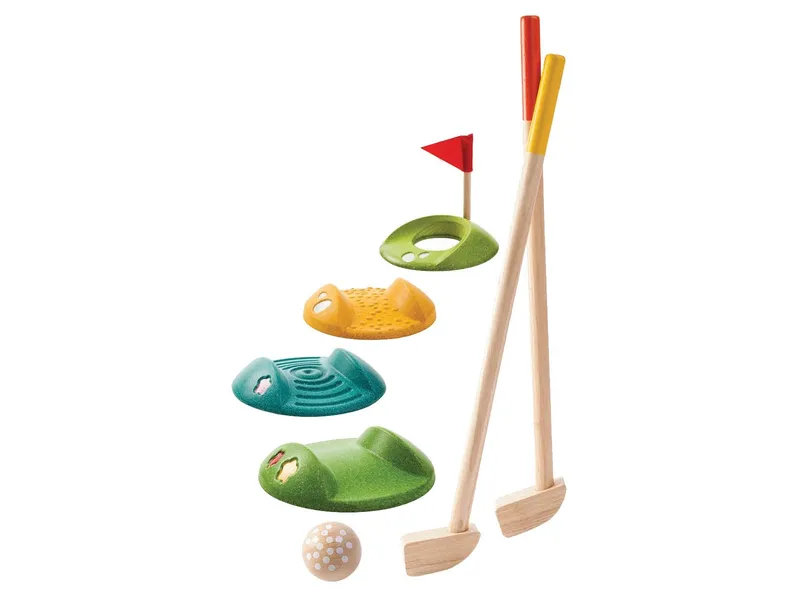 PlanToys PlanToys Kinder Mini-Golf Komplettset aus recyceltem Kautschukholz, 9-teilig Maße 3 x 8 x 53,4 cm, Natur, mehrfarbig, – Produktbild 2 von 5