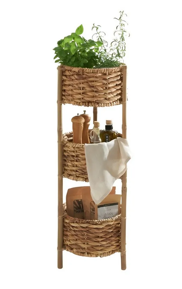 Dekoleidenschaft Standregal aus Bambus mit 3 Körben aus Wasserhyazinzthe, Korbregal, Badregal, 90 cm hoch, Küchenregal, Beistellregal, Ordnungsregal, Bambusregal, Beige, – Produktbild 2 von 5
