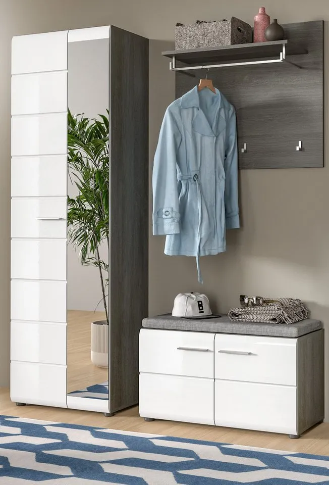 Inn.Furn Schuhbank Rumba (Garderobenbank in Weiß Hochglanz und Grau, 2-türig, 80 x 44 cm), mit 4 Fächern, Weiß, – Produktbild 5 von 5