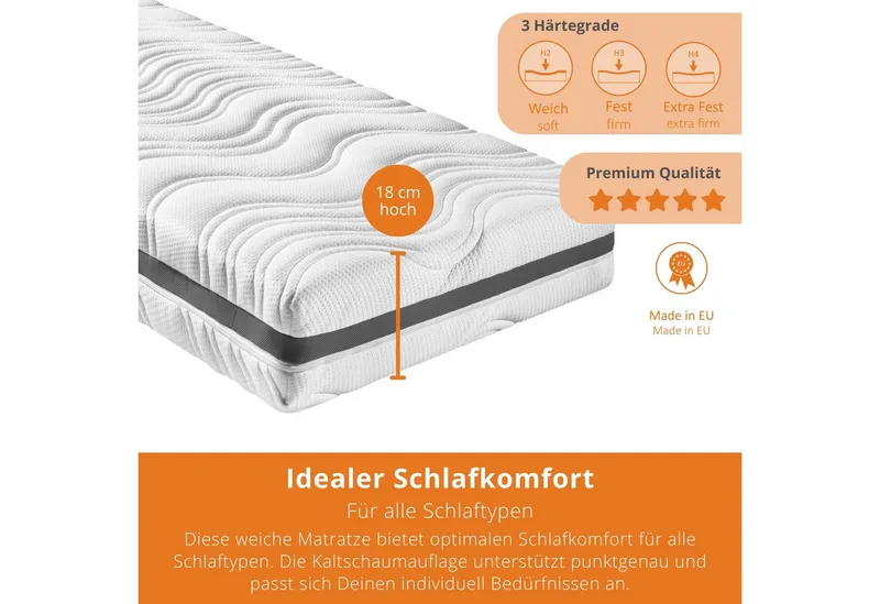 Federkernmatratze Comfort 130, in 90x200 cm, 140x200 cm und weitere Größen, sleepling, 18 cm hoch, mit 7-Zonen Kaltschaum Auflage und verschiedenen Härtegraden, Weiß, – Produktbild 2 von 5