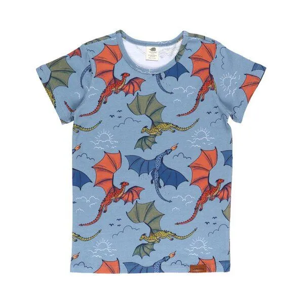 Walkiddy Kinder T-Shirt GOTS zertifiziert Bio-Baumwolle, Hellblau, Drachen-Muster, Walkiddy, Blau, – Produktbild 1 von 3