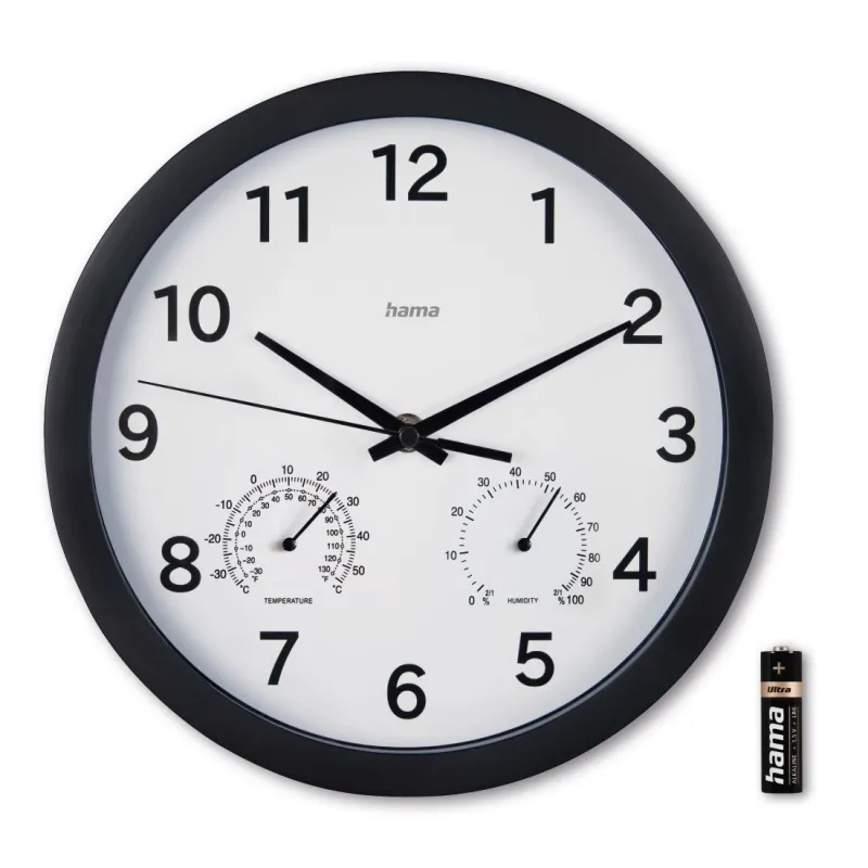 Hama Hama Wanduhr "Malta", Ø 25 cm, mit Thermo-/Hygrometer, ohne Ticken, Schwarz, – Produktbild 4 von 4