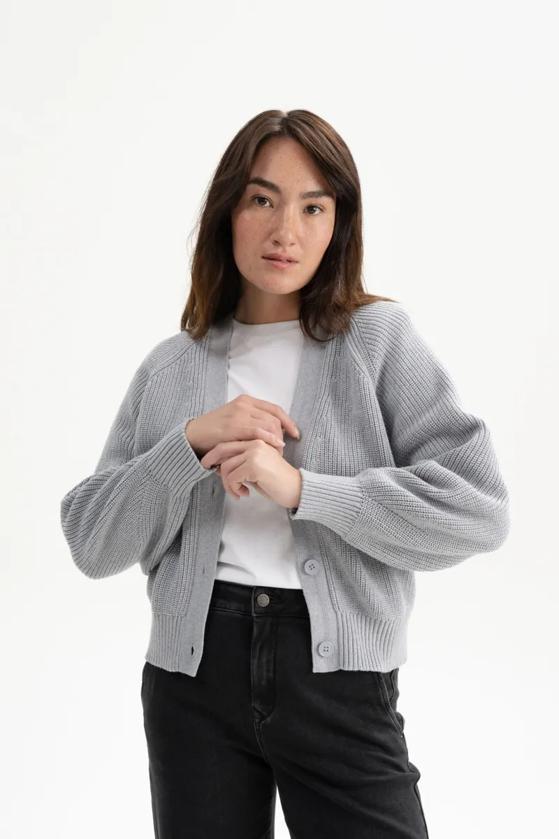 MELA MELA Damen vegan Rippenstrickjacke Bhuma Grau Melange, Hellgrau, – Produktbild 2 von 2