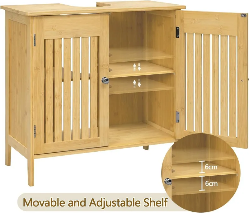 EUGAD Waschbeckenunterschrank (1-St) aus Bambus, Verstellbarer Einlegeboden, 60x60x30cm, Naturfarbe | korpus: naturfarbe | arbeitsplatte: naturfarbe, – Produktbild 5 von 5