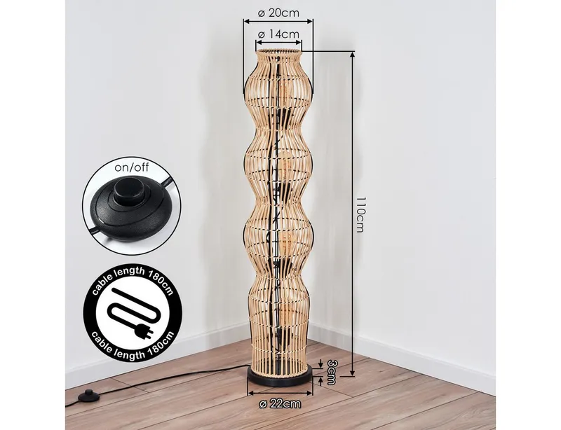 hofstein Stehlampe Stehlampe im skandinavischen Design mit Schirm aus Bambus in Natur, ohne Leuchtmittel, Stehleuchte im Boho-Style mit Lichteffekt und Fußschalter, E27, 110 cm, Beige|schwarz, – Produktbild 4 von 5