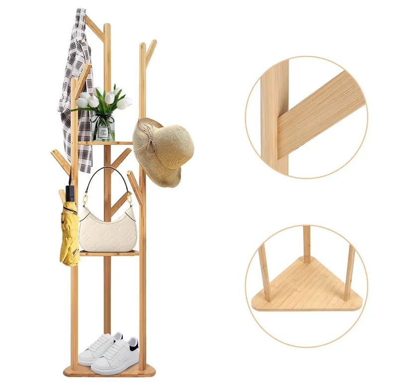 JEOBEST Garderobenständer Bambus Kleiderständer in Baumform mit 9 Haken, 3 Ebenen, Freistehender Kleiderständer für Kleidung Hüte Tasche, Beige, – Produktbild 4 von 5