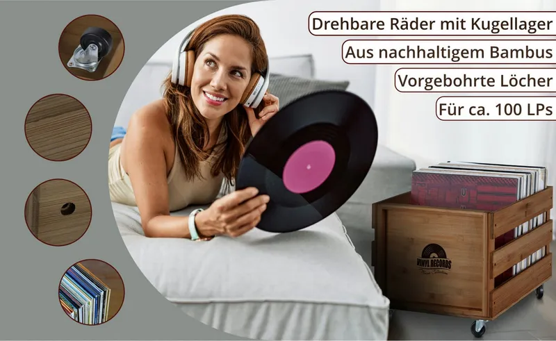 Stagecaptain Holzkiste Emil Schallplattenkiste Bambus Braun für bis zu 100 LPs (1 St), für bis zu 100 LPs - aus Vollholz im Retro-Design, Braun, – Produktbild 3 von 5