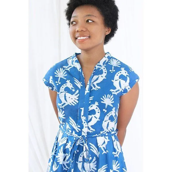 Global Mamas Global Mamas Bio Kleid - RETRO - Rings, Sankofa stone (blau), – Produktbild 3 von 4